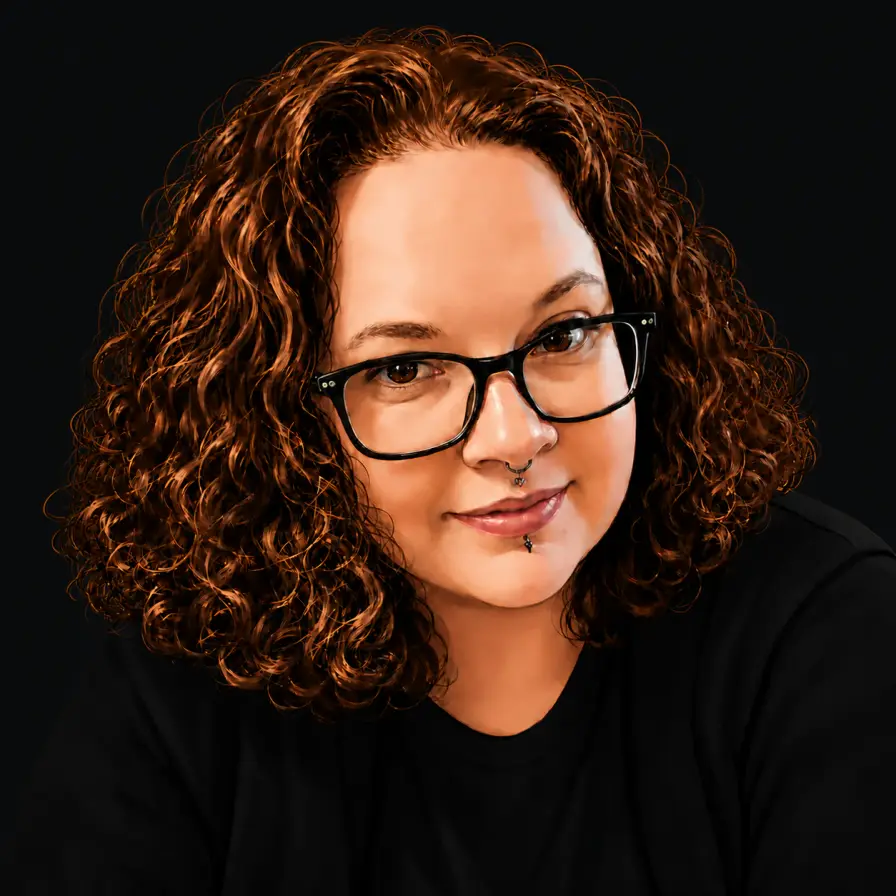 Stylized portrait of Ashley Childress, a red-haired woman wearing glasses