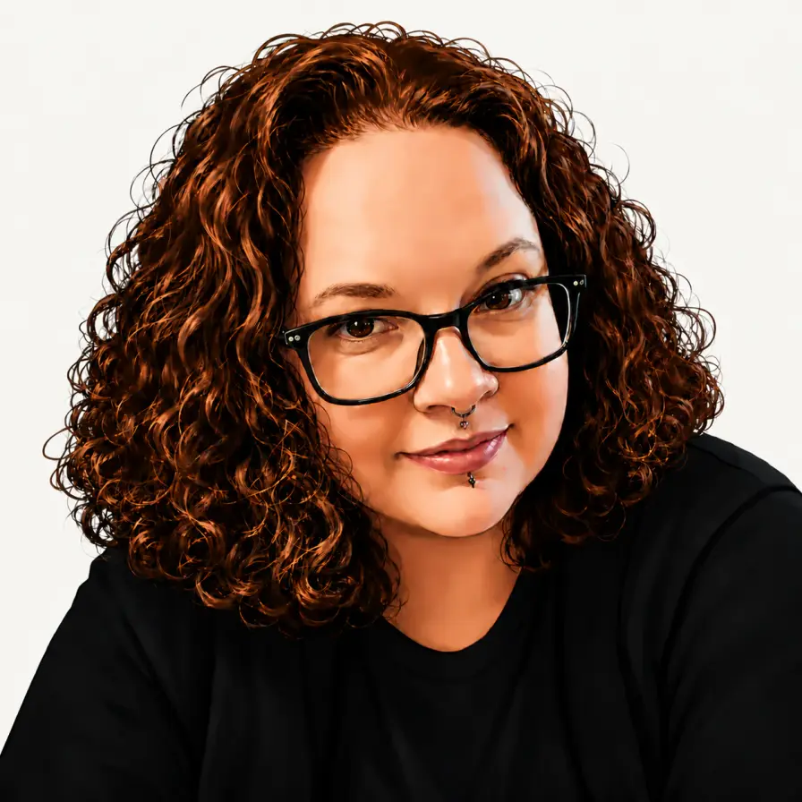 Stylized portrait of Ashley Childress, a red-haired woman wearing glasses