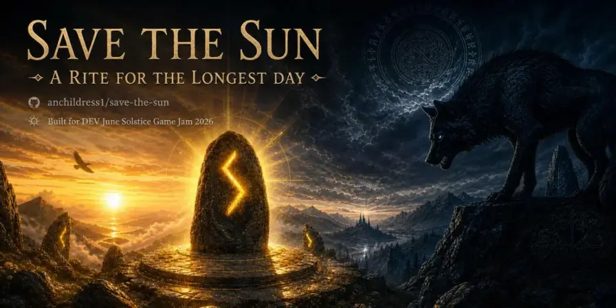 A rune stone blazing with golden light at sunrise while Sköll, the great wolf, watches from a dark ridge.